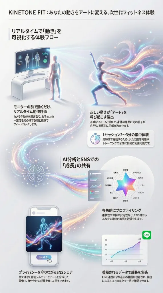 KINETONE FIT 体験フロー：リアルタイム動作評価 → アートエフェクト → AIプロファイリング → SNSシェア → 成長の可視化