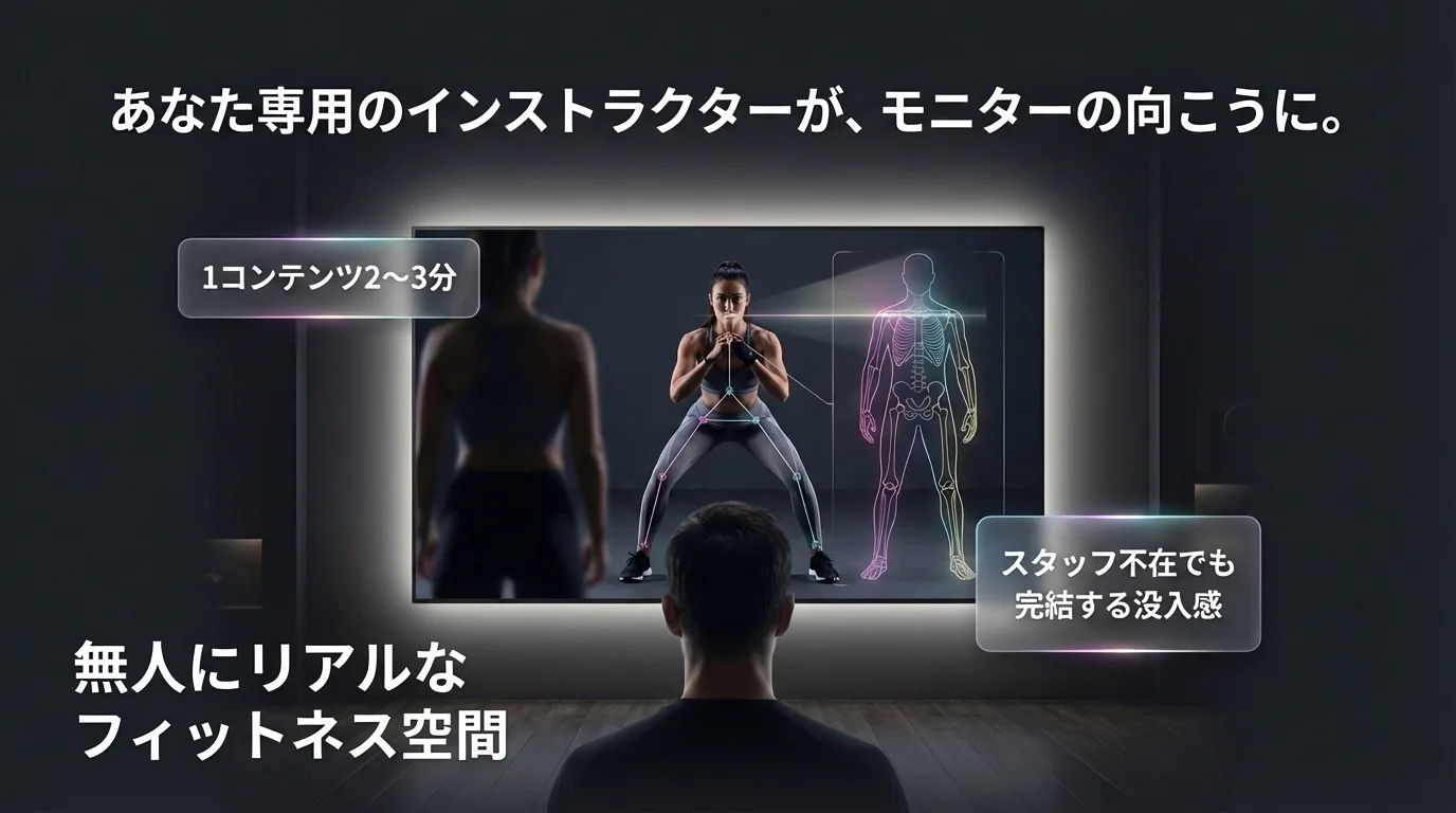あなた専用のインストラクターが、モニターの向こうに。スタッフ不在でも完結する没入感。